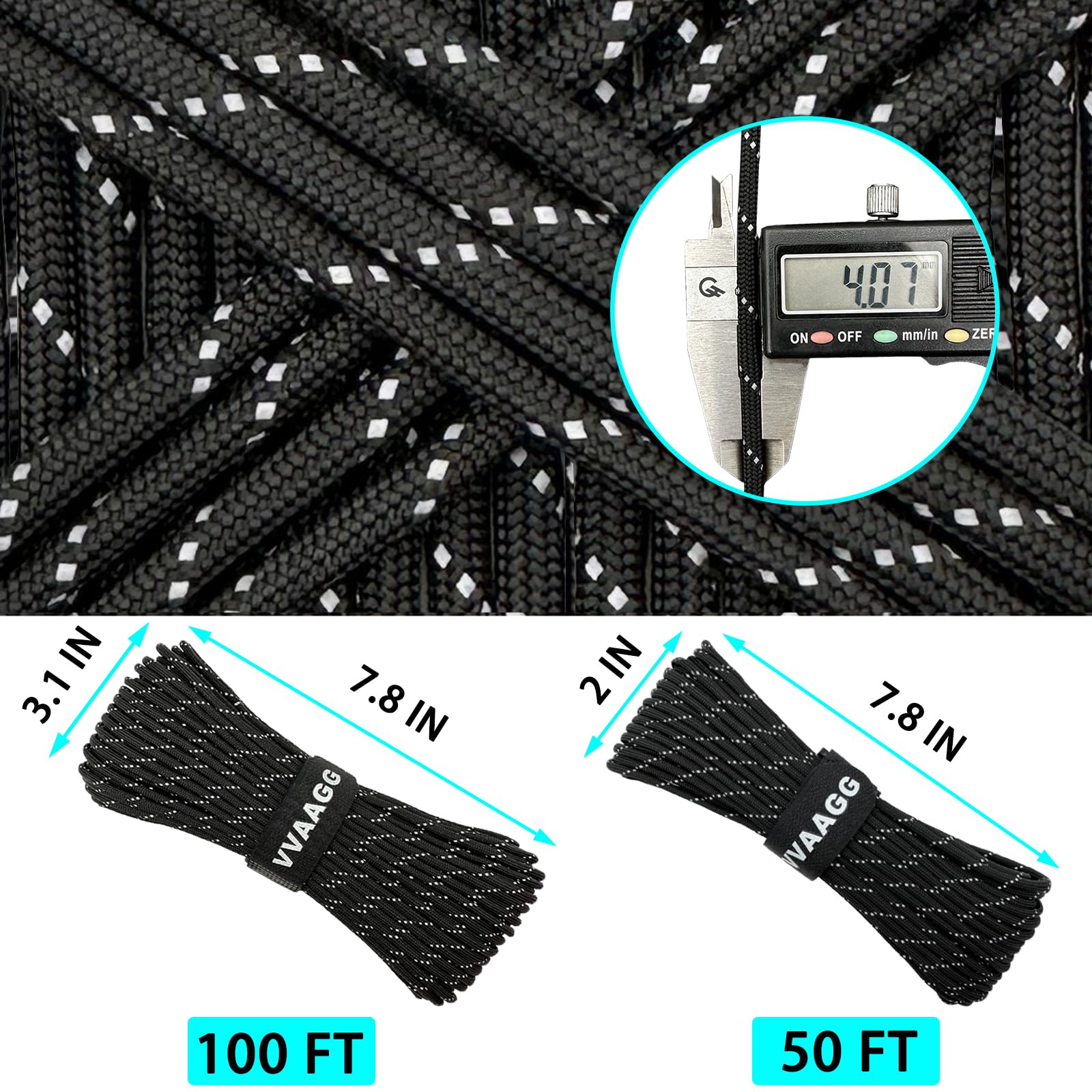 VVAAGG Reflective Paracord, 550 Parachute Cord, 4MM 7 Strand Nylon Rope