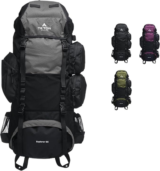 Teton 65L Explorer Internal Frame Backpack for Hiking, Camping, Backpacking, Rain Cover Included, Graphite