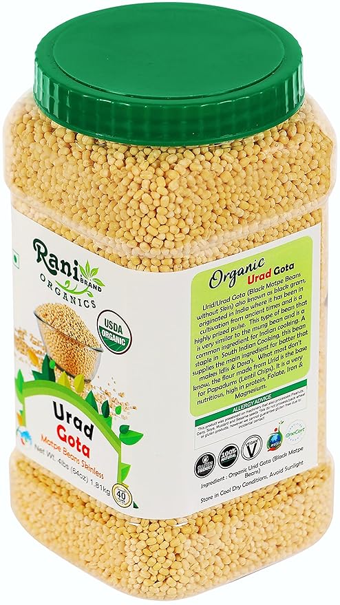 Rani Organic Urid/Urad Whole Gota (Matpe Beans Skinless) Indian Lentils 64oz (4lbs) 1.81kg Bulk PET Jar ~ All Natural | Vegan | Gluten Friendly | NON-GMO | Indian Origin | USDA Certified Organic
