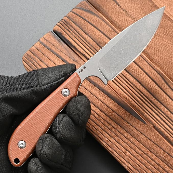 FF101 Micarta Handle Fixed Blade Knife, AUS-10 Steel Blade Full Tang Knife with Sheath for Outdoor Camping Hunting Fishing Working (Brown)