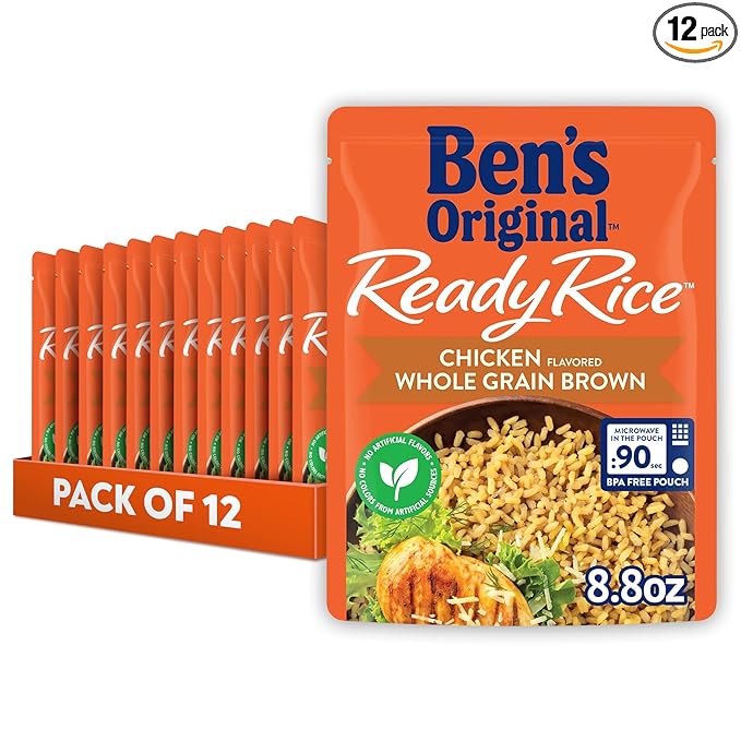 BEN'S ORIGINAL Ready Rice Chicken Flavored Whole Grain Brown Rice, Easy Flavored Rice Dinner Side, 8.8 oz Pouch (Pack of 12)