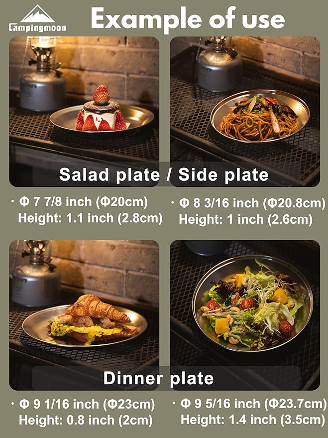 CAMPINGMOON Camping Plates 4 pack set Salad Side Dinner Plate Dishes Outdoor Tableware Stainless Steel with Canvas Case S397-1S