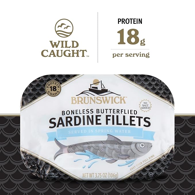 Brunswick Sardines in Spring Water, 3.75 oz Can (Pack of 12) - Boneless Butterflied Sardine Fillets - Wild Caught - 18g Protein per Serving - Gluten Free, Keto Friendly