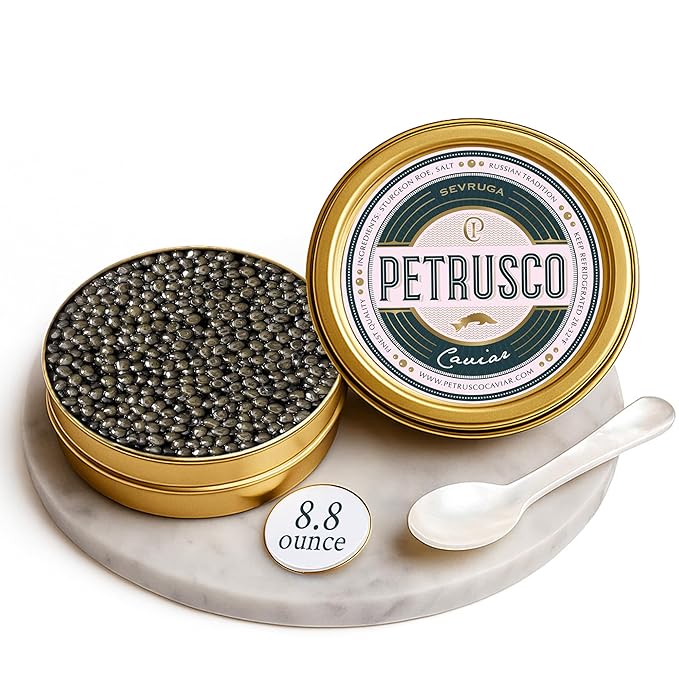 PETRUSCO Sevruga Black Caviar - Premium Fresh Seafood Sturgeon Fish Caviar - Rich, Buttery Flavor, Smooth & Briny Taste with Elegant Texture and Perfect for Fine Dining (8.8 Ounces)