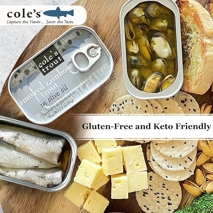 Cole?™s Patagonian Smoked Mussels Canned with Lemon & Garlic in Extra Virgin Olive Oil | 4oz Hand-Packed Tinned Mussels | 14g Protein | Single Unit