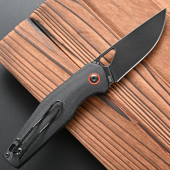 FF5 Folding Pocket Knife,DC53 Steel Blade Micarta Handle with Pocket Clip for Outdoor Camping Hunting Fishing Working (Black)