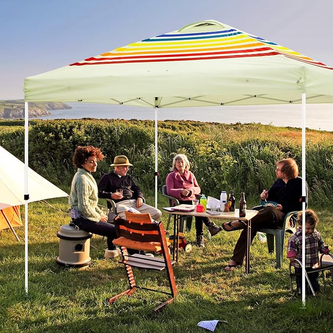 EAGLE PEAK Pop Up Canopy Tent with Wheeled Carry Bag, 8 Stakes, 4 Ropes, 4 Weight Bags, Easy Set Up Tent Canopy, 10x10 ft, 100sqft of Shade, Retro Stripe Tan