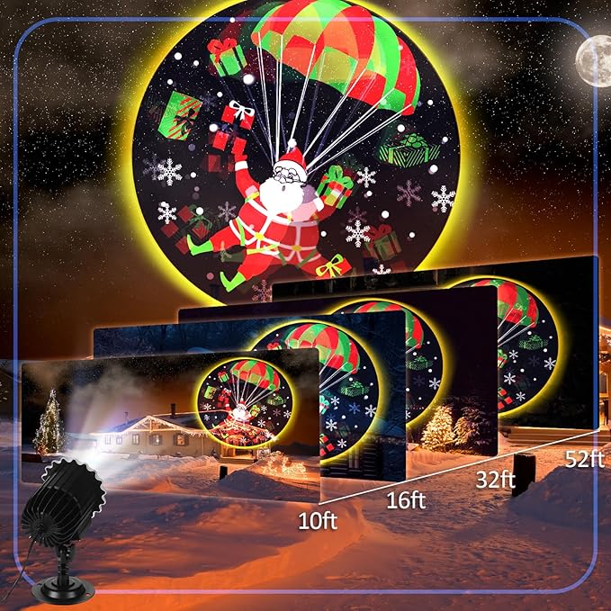 Christmas Projector Light with 1 Film Slides Holiday LED Santa Coming Projector Lights Outdoor Reflectors Waterproof Landscape Decorative Rotation Lighting Movement Projection Lamp for Outside