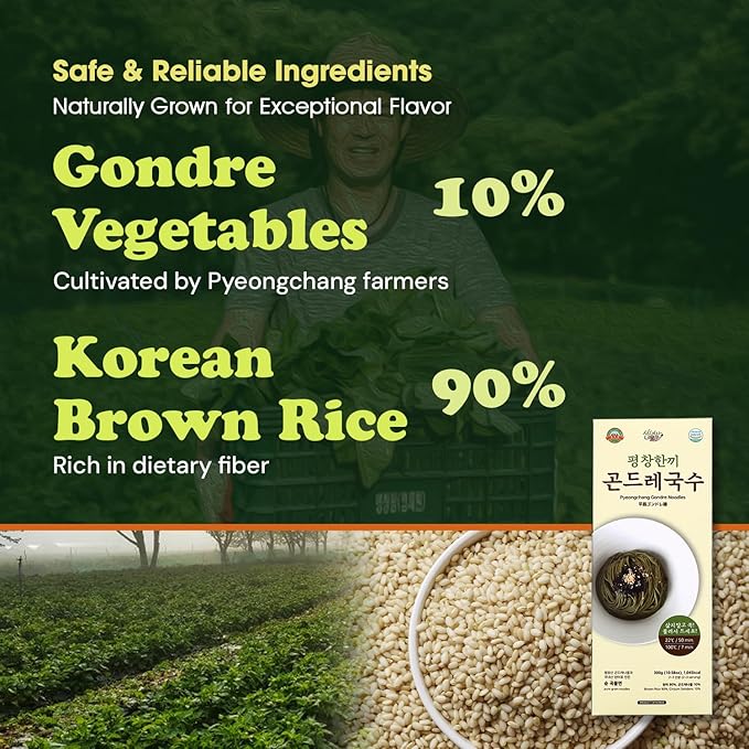 Pyeongchangfarm Natural Food Pyeongchang Gondre Noodles, Non fried Cold Noodle, Korean Food 곤드?ˆ국??300g (10.58oz) - Soy Sauce