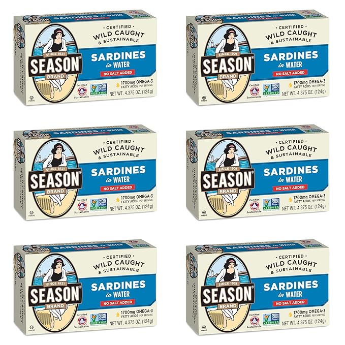Season Sardines in Water - No Salt Added, Wild Caught, 22g of Protein, Keto Snacks, More Omega 3's Than Tuna, Kosher, High in Calcium, Canned Sardines - 4.37 Oz Tins, 6-Pack