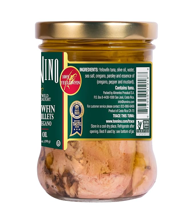 Tonnino Tuna Fish Yellowfin Pole&Line ??Oregano ??Pack of 6 ??Alternative to Salmon ??Protein Snacks ??Ready to Eat Meals in Jar