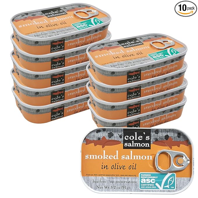 COLE'S SEAFOOD - Hand Packed Smoked Salmon in Olive Oil, Preservative Free Seafood, Canned Fish, High in Protein and Omegas, 3.2 oz Can | Pack of 10