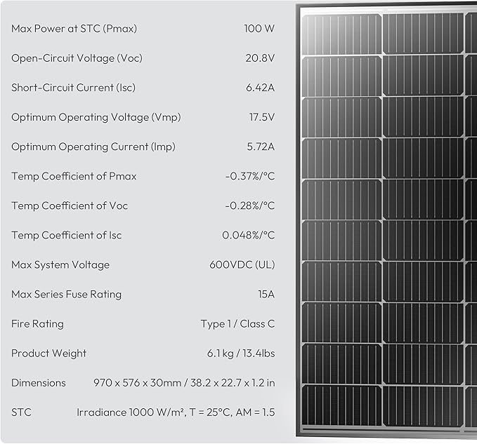 JJN 100 Watt Solar Panel, N-Type 16BB High Efficiency 12 Volt Solar Panels, 25% High Coversion Rate Solar Module PV Charge for Boat Rooftop Caravan and Other Off-Grid System