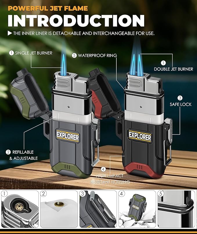Lafagiet 2 Pack of Outdoor Torch Lighter, Windproof Single & Dual Jet Flame, Waterproof Storm Lighters Multipack for Camping, Fishing, Emergency (NO Gas)