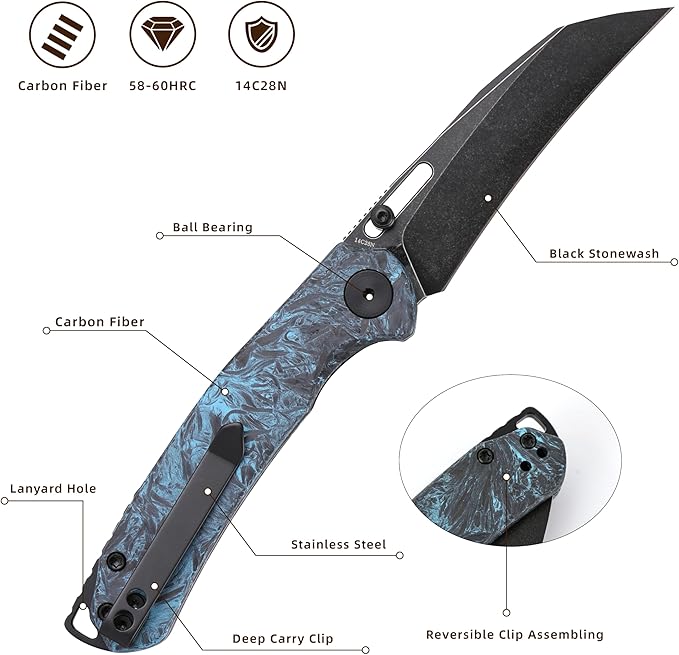 Folding Pocket Knife, 3.1" Stonewash Blade EDC Knife with Safety Liner Lock, Small Pocket Knife with Clip for Men, Sharp Camping Hiking Hunting Survival Knives