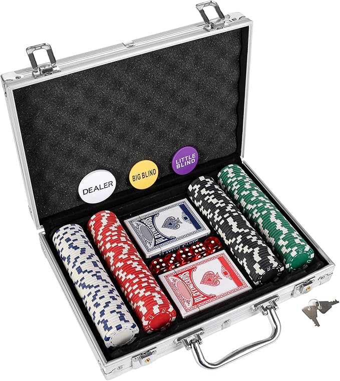 200Pcs Poker Chips Set for Texas Holdem,Blackjack, Tournaments with Aluminum Case,2 Decks of Cards, Dealer, Small Blind, Big Blind Buttons and 5 Dice,11.5 Gram