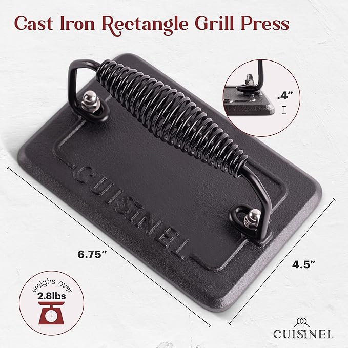 Cuisinel Cast Iron Grill Pan + Rectangular Cast Iron Grill Press + Tempered Glass Lid + Pan Scraper ??Pre-Seasoned Ribbed Skillet ??10.5"-Inch Square Grilling Indoor/Outdoor Camping Fire BBQ Cookware