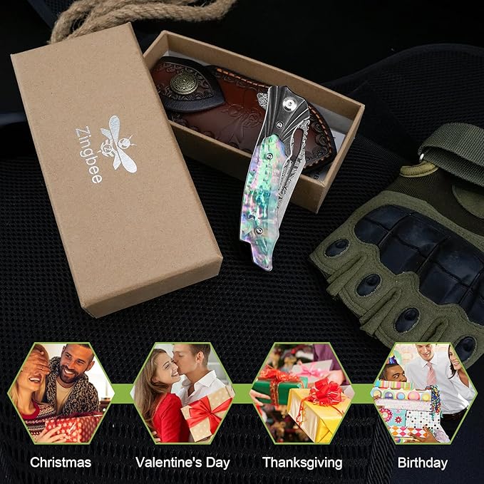 Damascus Pocket Knife for Women, 3.15" VG10 Damascus Steel Blade EDC Folding Knife with Sheath, Abalone Shells Handle, Ideal Gifts for Woman Men