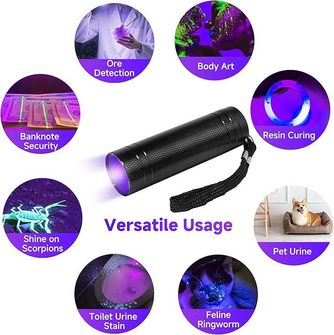 KunHe 60 Pack UV Flashlight 395nm Black Light Mini AAA Battery Ultraviolet LED Woods Lamp Powerful Portable Pet Urine Detector for Dogs Cats Dry Stains Bed Bugs Scorpions Finder Resin Curing