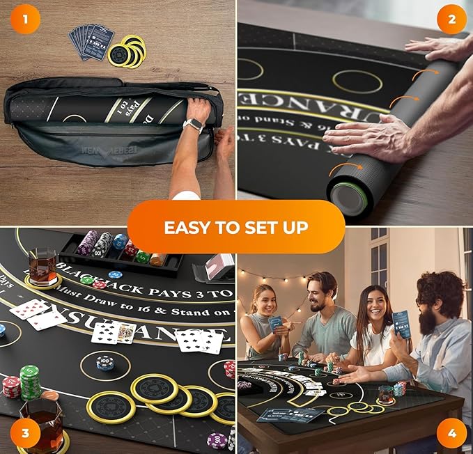 Newverest Blackjack Mat 70" x 35", Blackjack Table Top for Home Game Nights with Friends | Black Jack Casino Table Topper, Poker Mat Layout in Zipper Storage Bag with 8 Coasters in Gift-Ready Box