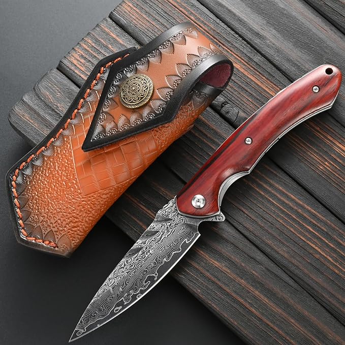 Sitivien ST242 Damascus Steel Folding Knife,Flipper Liner Lock Knife with Damascus VG10 Core Blade,Dalbergia Handle for Everyday Carry, Hunting and Outdoor …