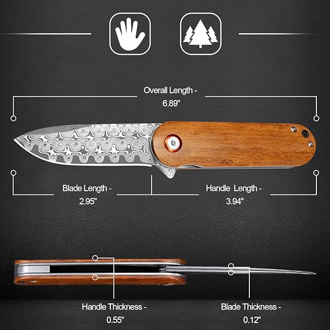 Damascus Pocket Knife, 2.95" Damascus Steel Blade Pocket Knives & Folding Knives, Wooden Handles EDC Knife for Women Men