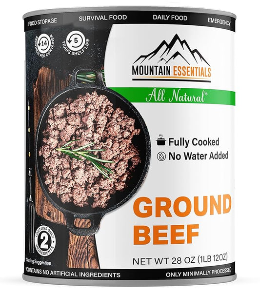 MOUNTAIN ESSENTIALS All Natural Canned Ground Beef 28 Oz – Fully Cooked, Ready to Eat Hamburger Meat – Pantry Staple for Everyday Meals, Emergency & Survival – 5-Year Shelf Life – Made in USA – 1 Pack