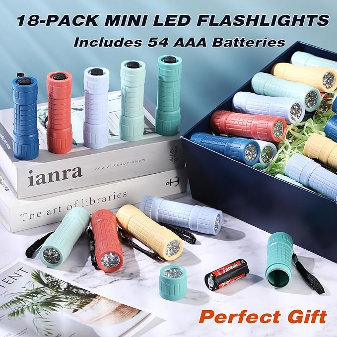 18 Pack 9 LED Small Mini Flashlight Set Plastic Handheld Flashlights with Lanyard, 3 AAA Batteries Included for Kids Night Reading Camping Emergency Hunting, 6 Color (Muted Color)