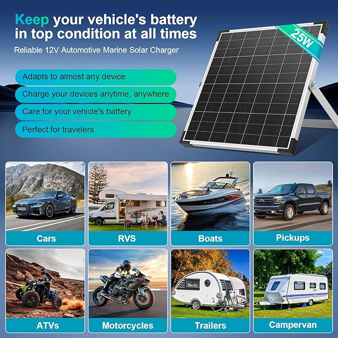 25W 12V Solar Panel Kit, Stability Performance Monocrystalline Solar Battery Maintainer Solar Trickle Charger with Intelligent Controller & Adjustable Mount Bracket, for Car Boat Marine RV Trailer