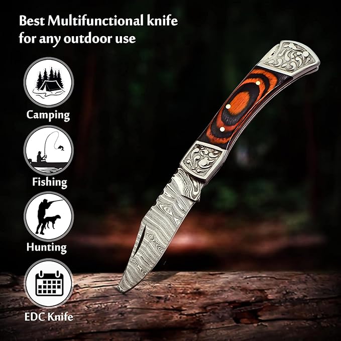 Handmade Damascus Pocket Knife for Men - 7.2 Inches Engraved Steel Damascus Folding Pocket Knife with Belt Holster - Pocket Knives & Folding Knives with Sheath & Back Lock - EDC Knife Pocket.(Orange)