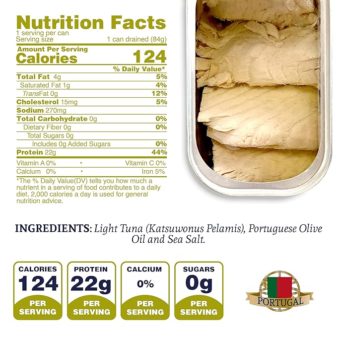 Santo Amaro - Artisanal Wild Tuna Fillets in Virgin Olive Oil, Hand-Packed Canned Tuna from Portugal, Atlantic Natural Tuna, Pole & Line Skipjack Tuna Canned, Low Mercury, 22g Protein Keto, Pack of 6