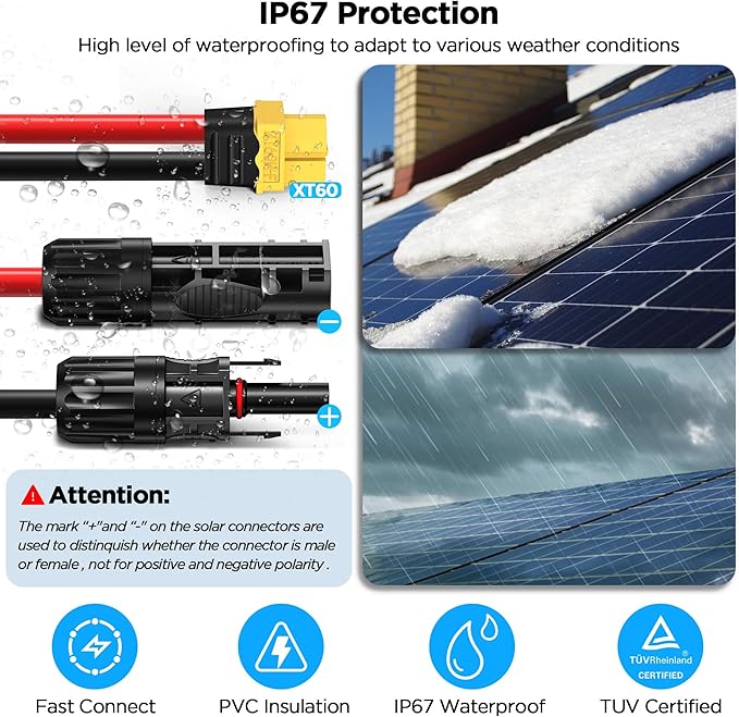 Mc4 to Xt60, 10FT Xt60 Connector Solar Charge Cable, 12AWG Pure Copper Solar Panel Mc4 to XT60 Extension Adapter Cable, Waterproof Connectors, for Solar Panel to Battery, RV, Portable Power Station