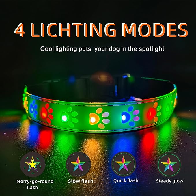 LED Light Up Dog Collar, USB-C Rechargeable, Multicolor Paw Print Design, 15 Modes Lighting Night Safety (Green Pro, XL(19.7-23.6"))