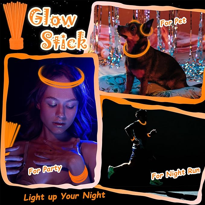 100 pk 8" Orange Glow Sticks Bulk Party Favors, Light up Glow Necklaces & Bracelets in the Dark Party Supplies For Christmas Halloween Birthday Neon Party (100 * Orange)