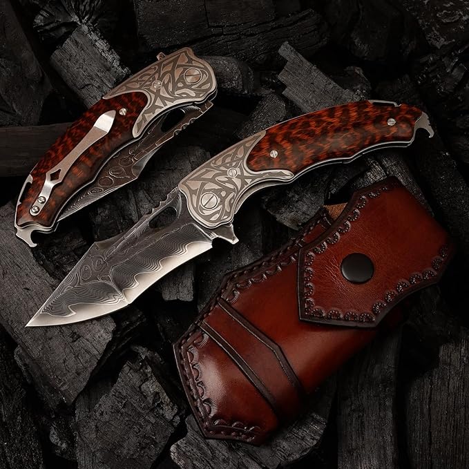 handmade damascus steel pocket folding knife, Snakewood handle with pocket clip and leather case, camping, climbing, fishing, EDC pocket knife