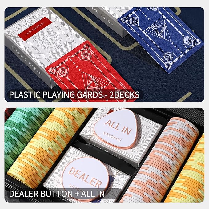 ARTGAME 14 Gram Clay Poker Chip Set for Texas Hold’em, 500 Pcs Casino Style Chips, with K-Type Aluminum Case and Dealer Buttons.