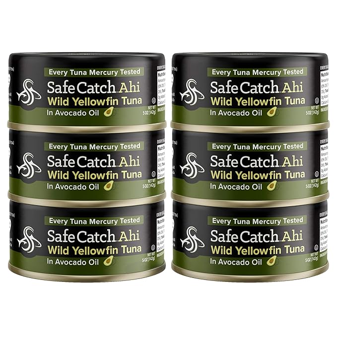 Safe Catch Wild Ahi Yellowfin Tuna Fish Canned, Wild Caught, Lowest Mercury, Lean Protein, Omega 3, Gluten-Free, Kosher, in Avocado Oil, Pack of 6