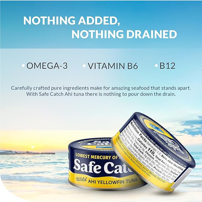 Safe Catch Wild Ahi Yellowfin Tuna Fish Canned, Wild Caught, Lowest Mercury, Lean Protein, Omega 3, Gluten-Free, Kosher, Pack of 6