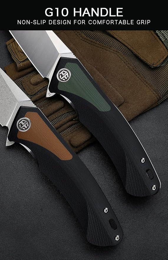 Petrified fish PF838 3.74" D2 steel folding knife outdoor tactical pocket knives G10 handle camping hunting Cutter EDC tool (Green, satin)