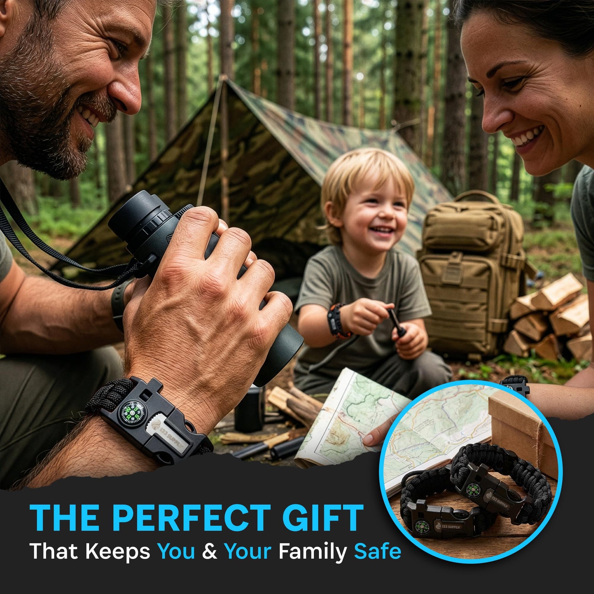 133 SUPPLY Tactical Paracord Compass Hiking Survival Bracelet Men Dad Gifts Camping Accessories