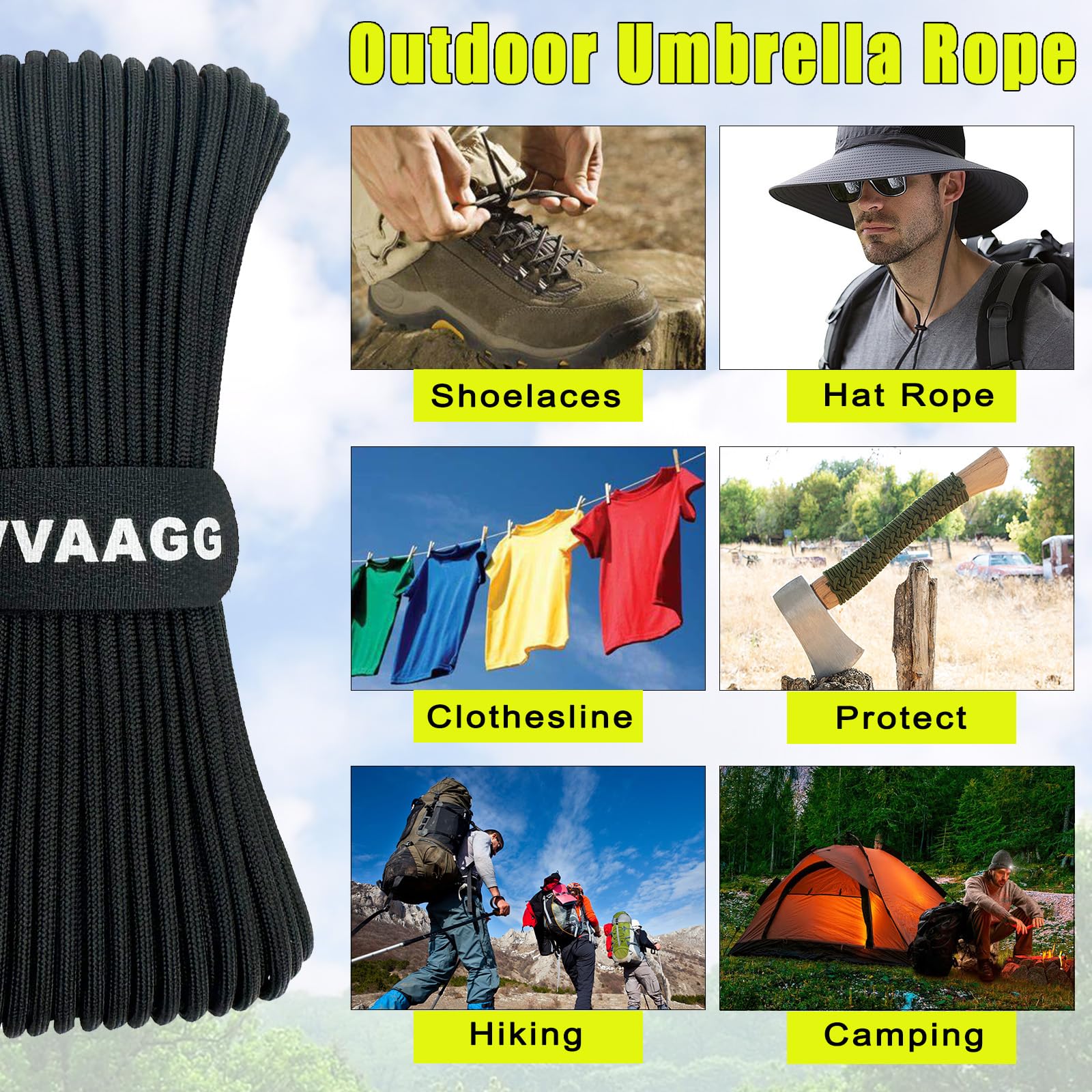 VVAAGG 1000 Black Paracord Rope 100FT Utility Nylon Heavy Duty 12 Strand Parachute Cord for