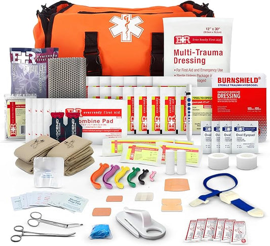 First Responder Trauma First Aid Kit Bag ??Fully Stocked Emergency Medical Kit for Workplace, Vehicle & Home ??OSHA & ANSI Compliant ??Portable ??Orange