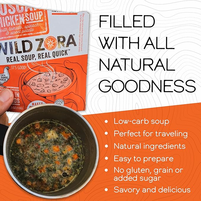 Wild Zora Instant Keto-Friendly Soups Tuscan Chicken 8-pack Broth Made with Free-Range Chicken, and Vegetables, Gluten-Free, Low Carb, No Added Sugar, Flavorful Pantry Staples - 0.5oz/13g