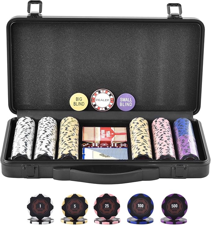 VEVOR Poker Chip Set, 300-Piece Poker Set, Complete Poker Playing Game Set with Carrying Case, Heavyweight 14 Gram Casino Clay Chips, Cards, Buttons and Dices, for Texas Hold'em, Blackjack, Gambling
