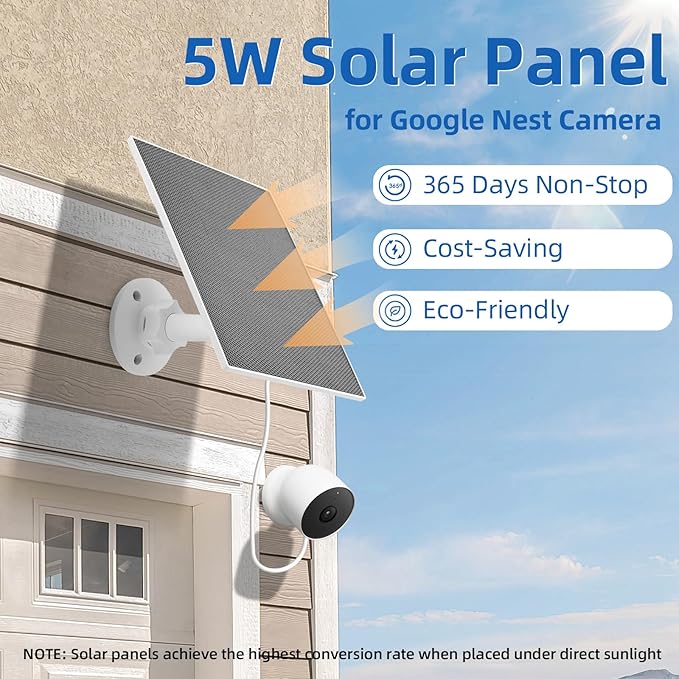 Solar Panel for Google Nest Camera Outdoor & Indoor (Battery Version),5V 5W Solar Panel Charger with 13Ft/4m Charging Cable, IP65 Waterproof, Includes Adjustable Wall Mount, 1 Pack