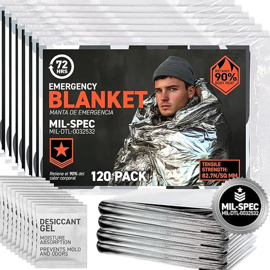 72 HRS Large Emergency Mylar Space Blankets 120-Pack, MIL-SPEC 54″ × 88″ Thermal Survival Foil – Retains 90% Body Heat, Waterproof Reflective Blanket for Camping, Hiking, Marathon, First Aid