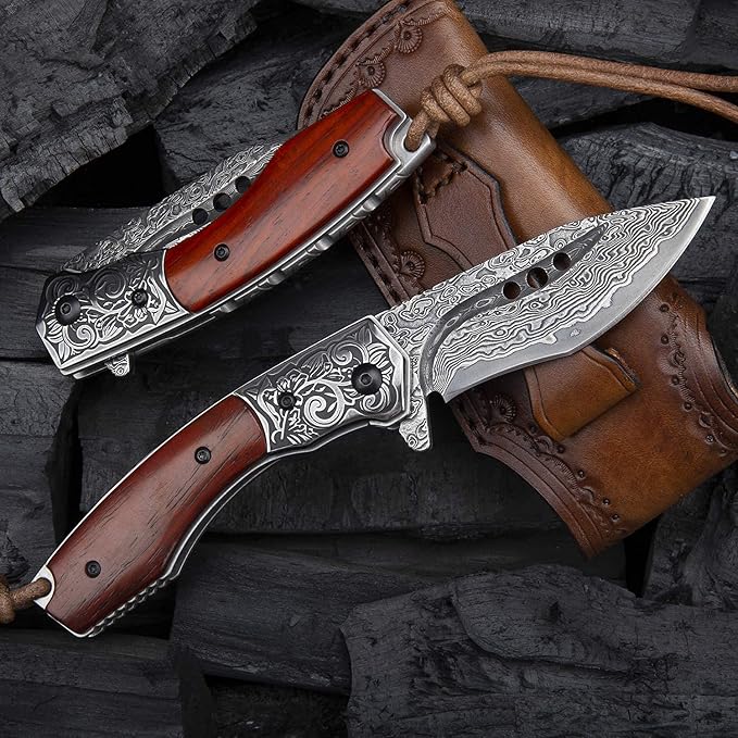 hand made damascus steel pocket knife, 3.1 inch outdoor folding knife, camping rosewood handle with leather case and inner lining