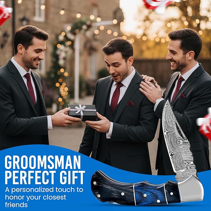 Set of 3 - Personalized Damascus Pocket Knife for Groomsmen -With Leather Sheaths - Custom Engraved Pocket Knives | Groomsman Gifts for Wedding, Groomsmen Proposal Gifts