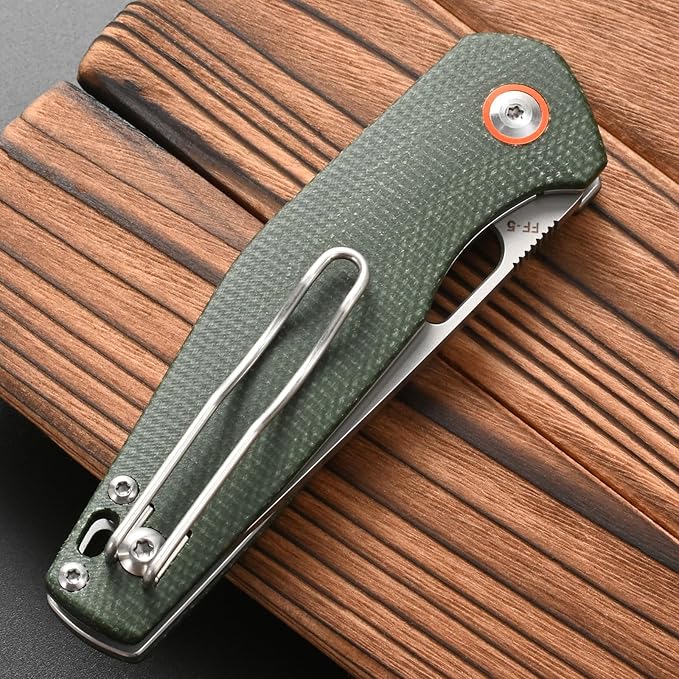 FF5 Folding Pocket Knife, DC53 Steel Blade Micarita Handle with Pocket Clip for Outdoor Camping Hunting Fishing Working (Green)