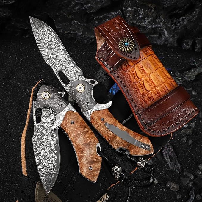 Damascus Steel Folding Pocket Knifeï¼?.6in Men's EDC knife，With leather sheath，pocket clip，Liner Lock，Fighter Pattern，Tree Tumor Shadow Wood Handle，For outdoor hunting Fishing camping knife